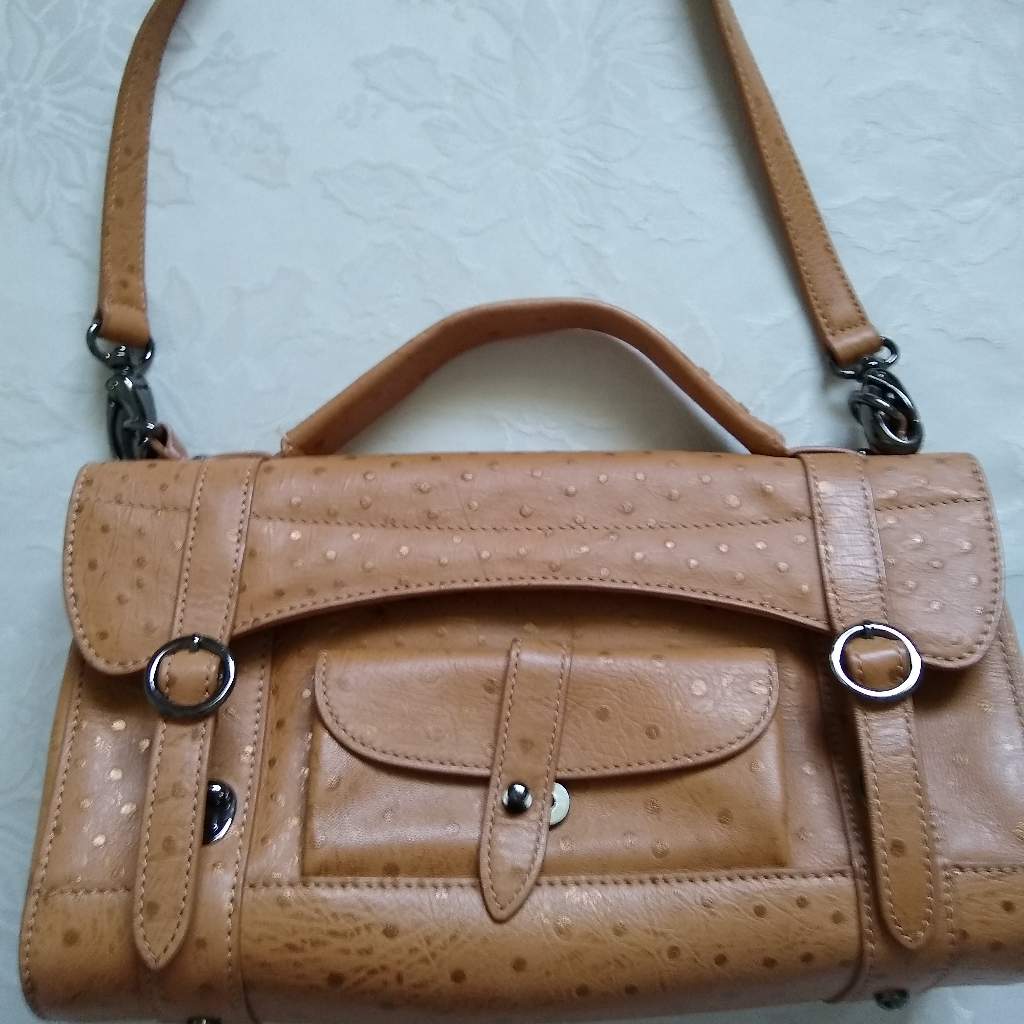 Leather Ostrich-Effect Embossed Messenger Crossbody Bag